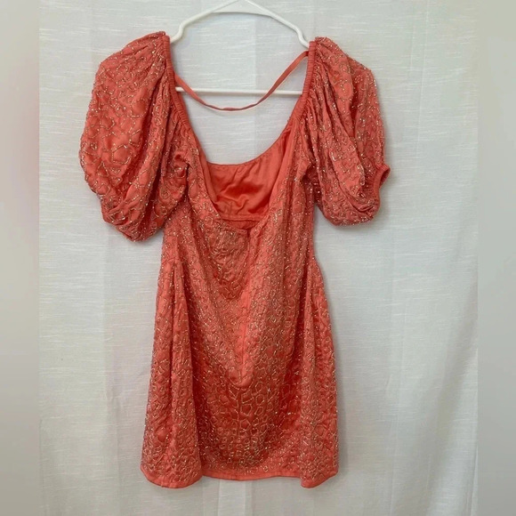 ASOS DESIGN Petite sequin mini dress with puff sleeves in peach - Picture 7 of 12